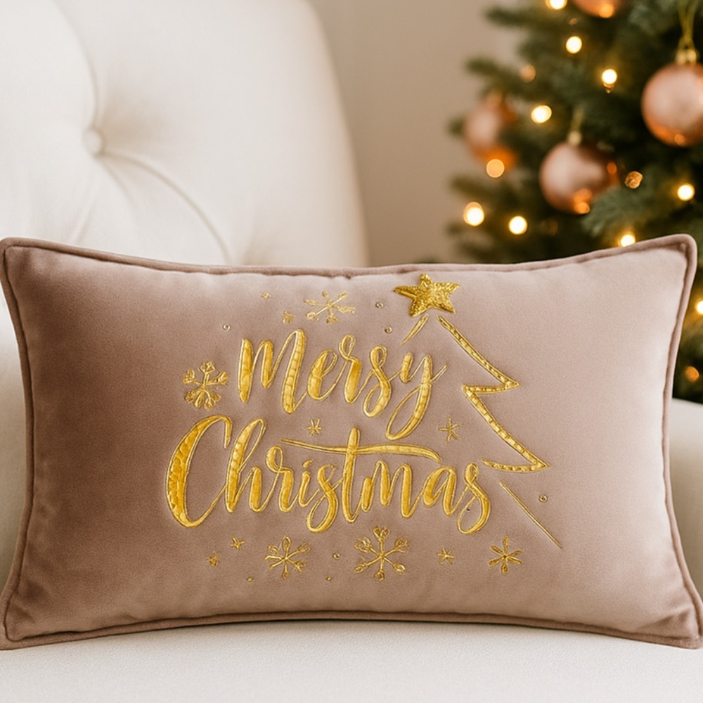 Merry Christmas Velvet Throw Pillow – Elegant Pink Champagne Holiday Home Decor